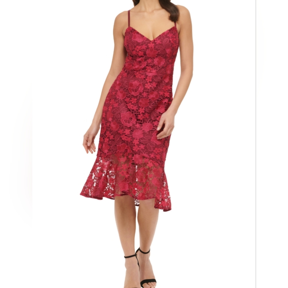 Guess Women's Lace Sleeveless Flounce-Hem MIDI Dress - Wine